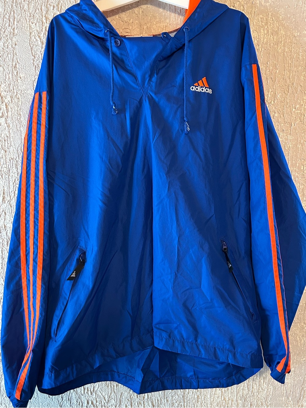 adidas Blue Hooded Windbreaker with Orange Stripes
